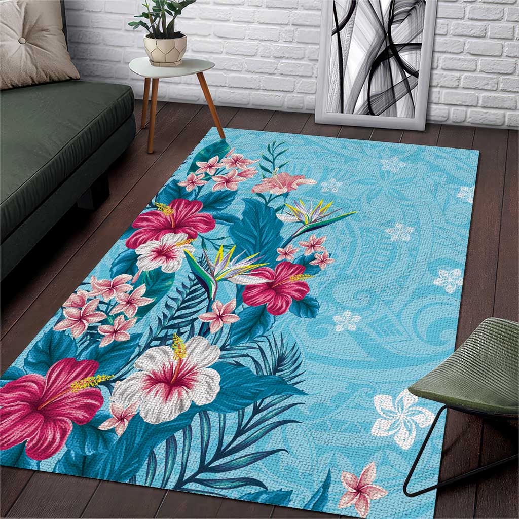 Hawaii Tropical Flowers Area Rug Polynesian Tattoo Sky Blue