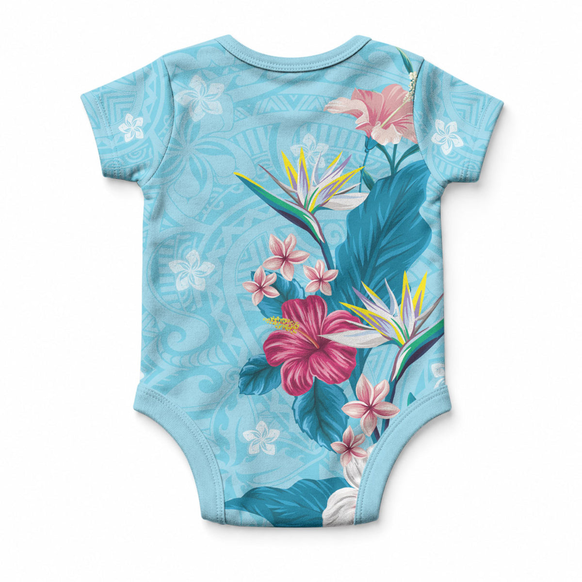Hawaii Tropical Flowers Baby Onesie Polynesian Tattoo Sky Blue