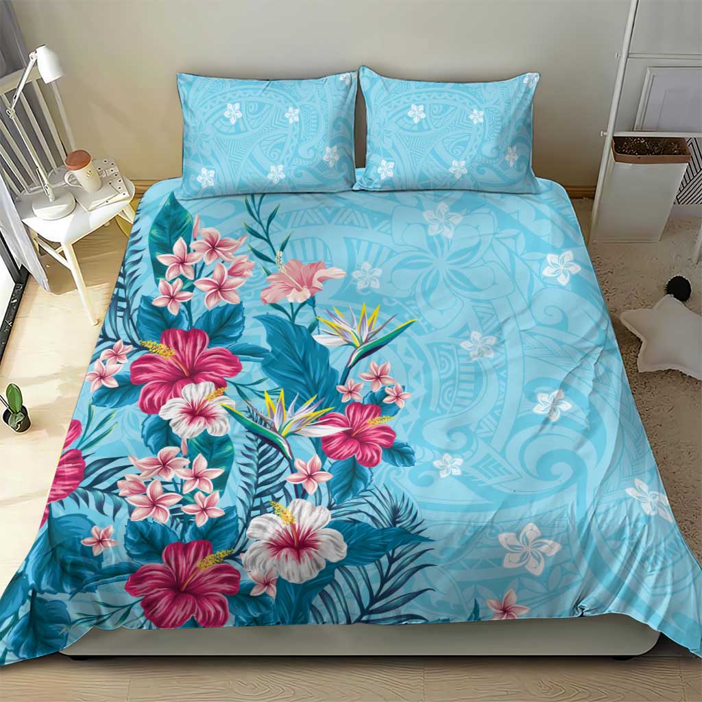 Hawaii Tropical Flowers Bedding Set Polynesian Tattoo Sky Blue