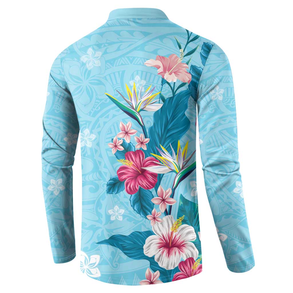 Hawaii Tropical Flowers Button Sweatshirt Polynesian Tattoo Sky Blue