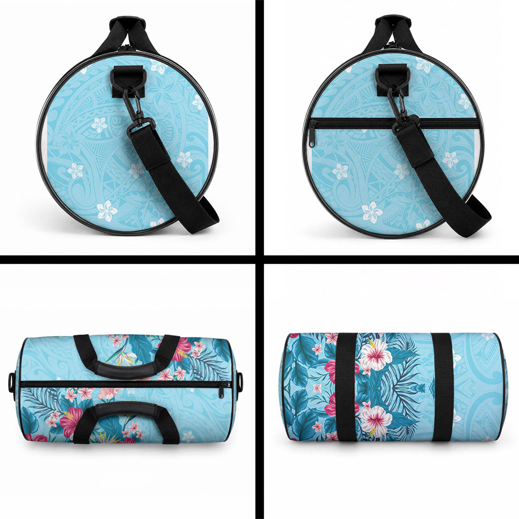 Hawaii Tropical Flowers Duffle Bag Polynesian Tattoo Sky Blue