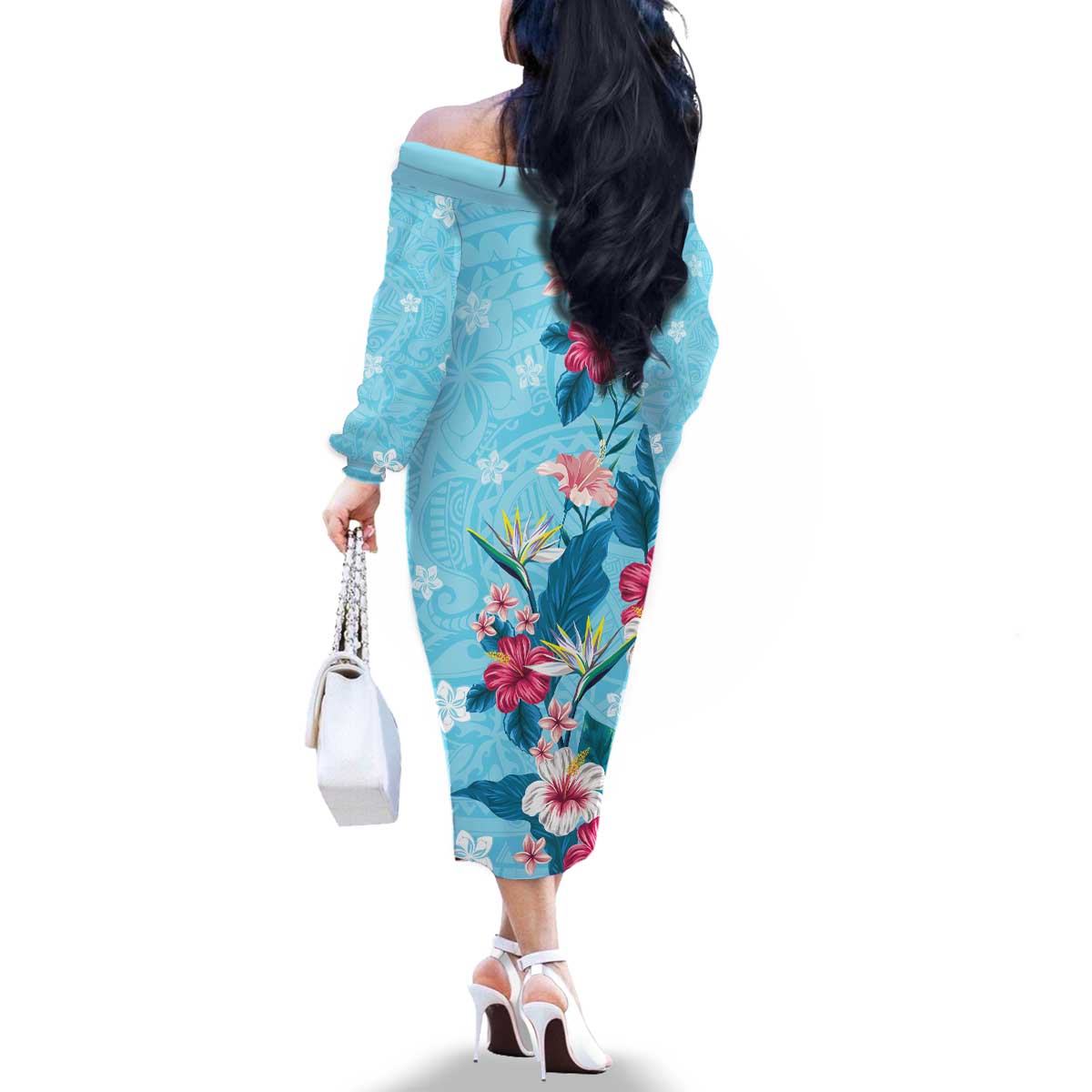 Hawaii Tropical Flowers Family Matching Off The Shoulder Long Sleeve Dress and Hawaiian Shirt Polynesian Tattoo Sky Blue