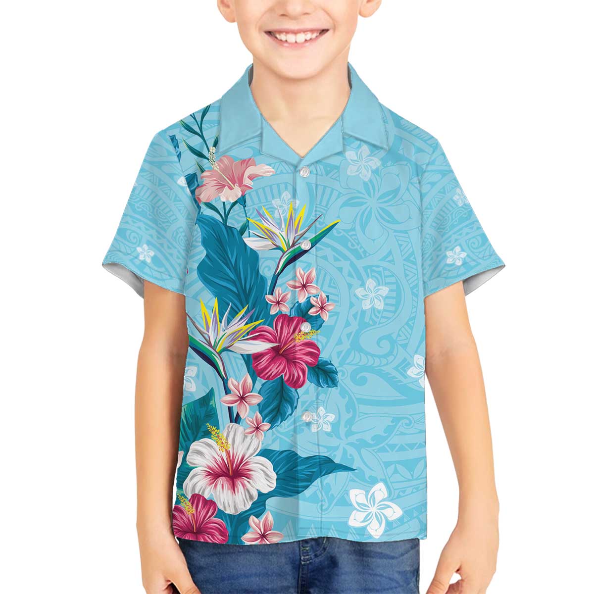 Hawaii Tropical Flowers Family Matching Off The Shoulder Long Sleeve Dress and Hawaiian Shirt Polynesian Tattoo Sky Blue
