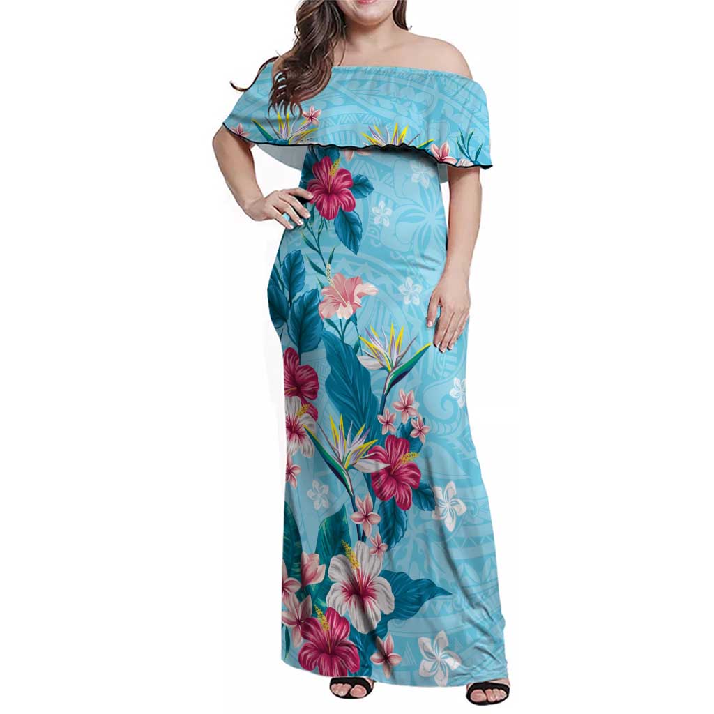 Hawaii Tropical Flowers Family Matching Off Shoulder Maxi Dress and Hawaiian Shirt Polynesian Tattoo Sky Blue