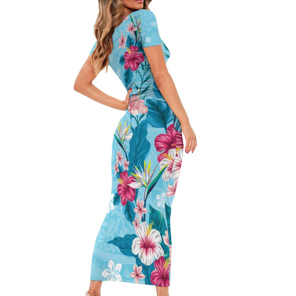 Hawaii Tropical Flowers Family Matching Short Sleeve Bodycon Dress and Hawaiian Shirt Polynesian Tattoo Sky Blue