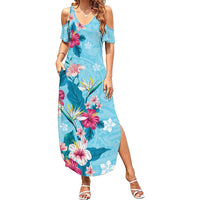 Hawaii Tropical Flowers Family Matching Summer Maxi Dress and Hawaiian Shirt Polynesian Tattoo Sky Blue