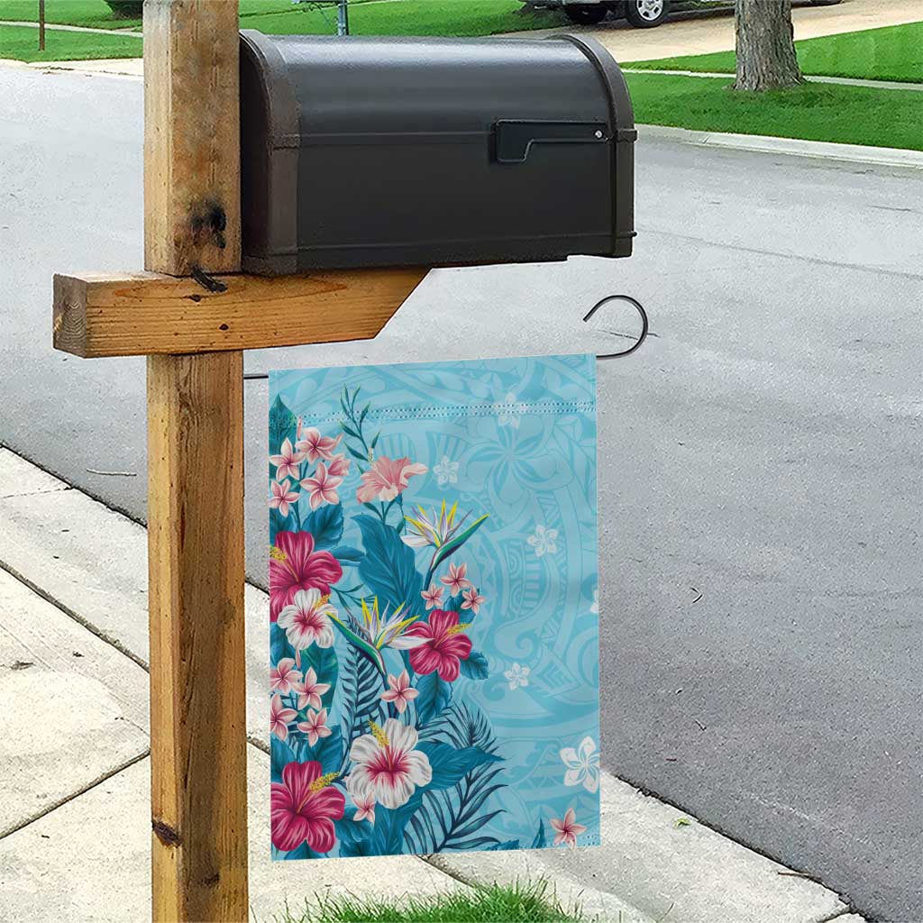 Hawaii Tropical Flowers Garden Flag Polynesian Tattoo Sky Blue