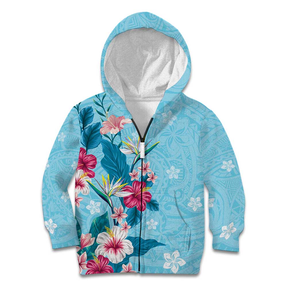 Hawaii Tropical Flowers Kid Hoodie Polynesian Tattoo Sky Blue