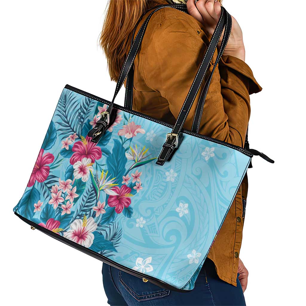 Hawaii Tropical Flowers Leather Tote Bag Polynesian Tattoo Sky Blue