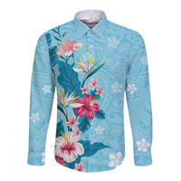 Hawaii Tropical Flowers Long Sleeve Button Shirt Polynesian Tattoo Sky Blue LT05 Unisex Blue - Polynesian Pride