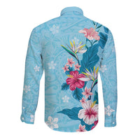 Hawaii Tropical Flowers Long Sleeve Button Shirt Polynesian Tattoo Sky Blue LT05 - Polynesian Pride