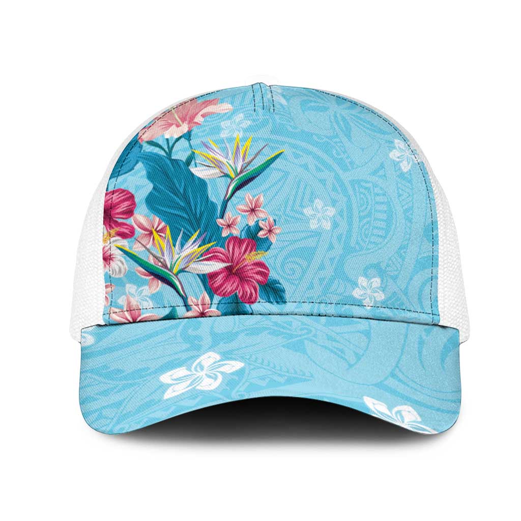 Hawaii Tropical Flowers Mesh Trucker Cap Polynesian Tattoo Sky Blue