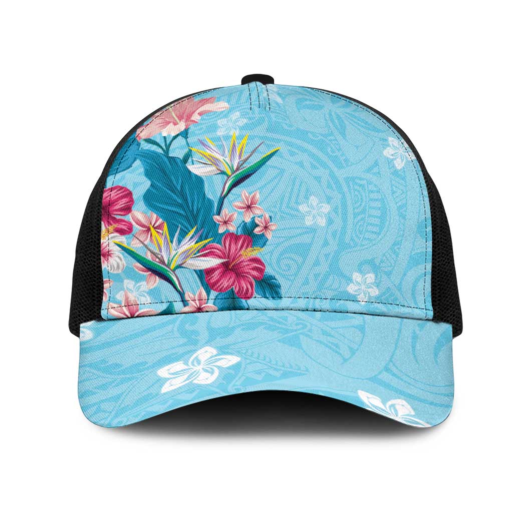 Hawaii Tropical Flowers Mesh Trucker Cap Polynesian Tattoo Sky Blue
