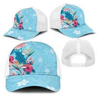 Hawaii Tropical Flowers Mesh Trucker Cap Polynesian Tattoo Sky Blue