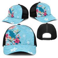 Hawaii Tropical Flowers Mesh Trucker Cap Polynesian Tattoo Sky Blue