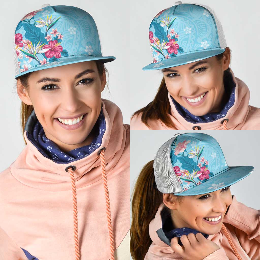 Hawaii Tropical Flowers Mesh Trucker Cap Polynesian Tattoo Sky Blue
