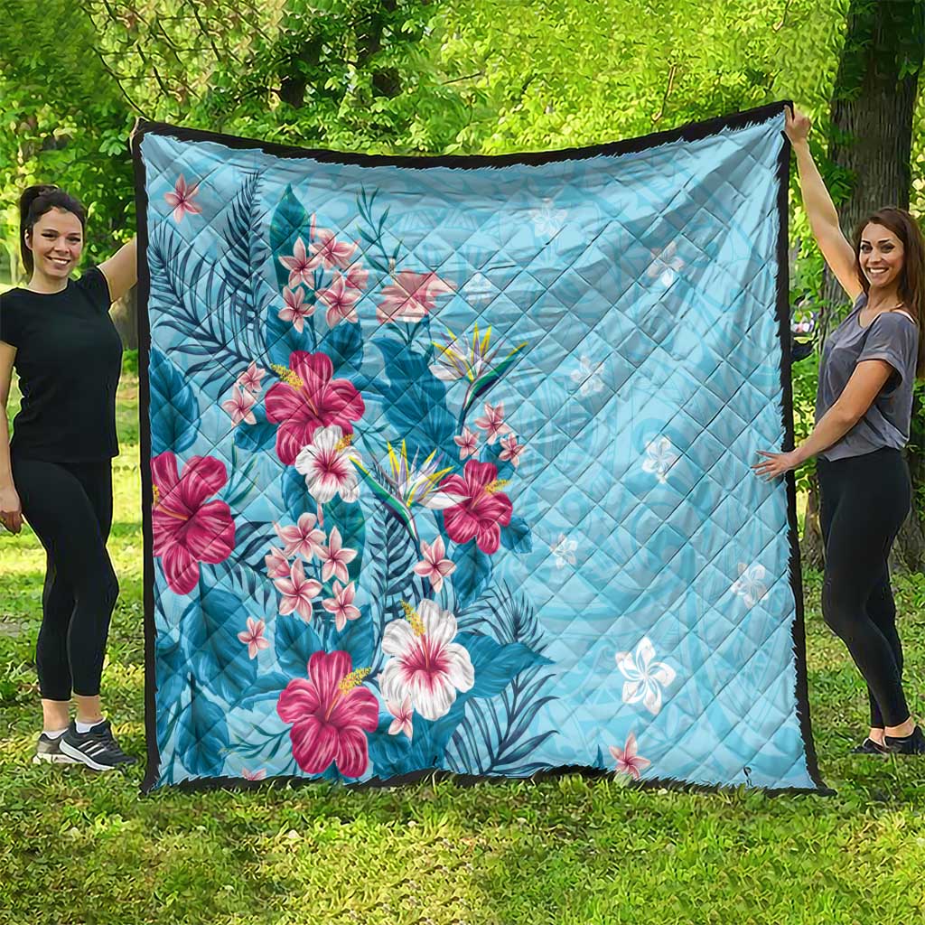 Hawaii Tropical Flowers Quilt Polynesian Tattoo Sky Blue