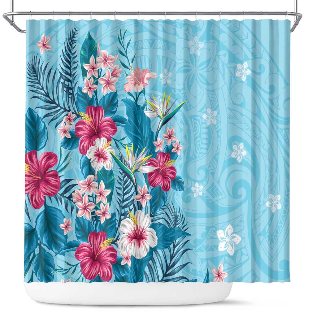 Hawaii Tropical Flowers Shower Curtain Polynesian Tattoo Sky Blue