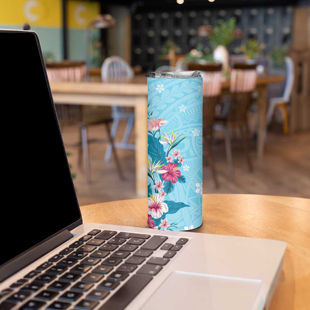 Hawaii Tropical Flowers Skinny Tumbler Polynesian Tattoo Sky Blue