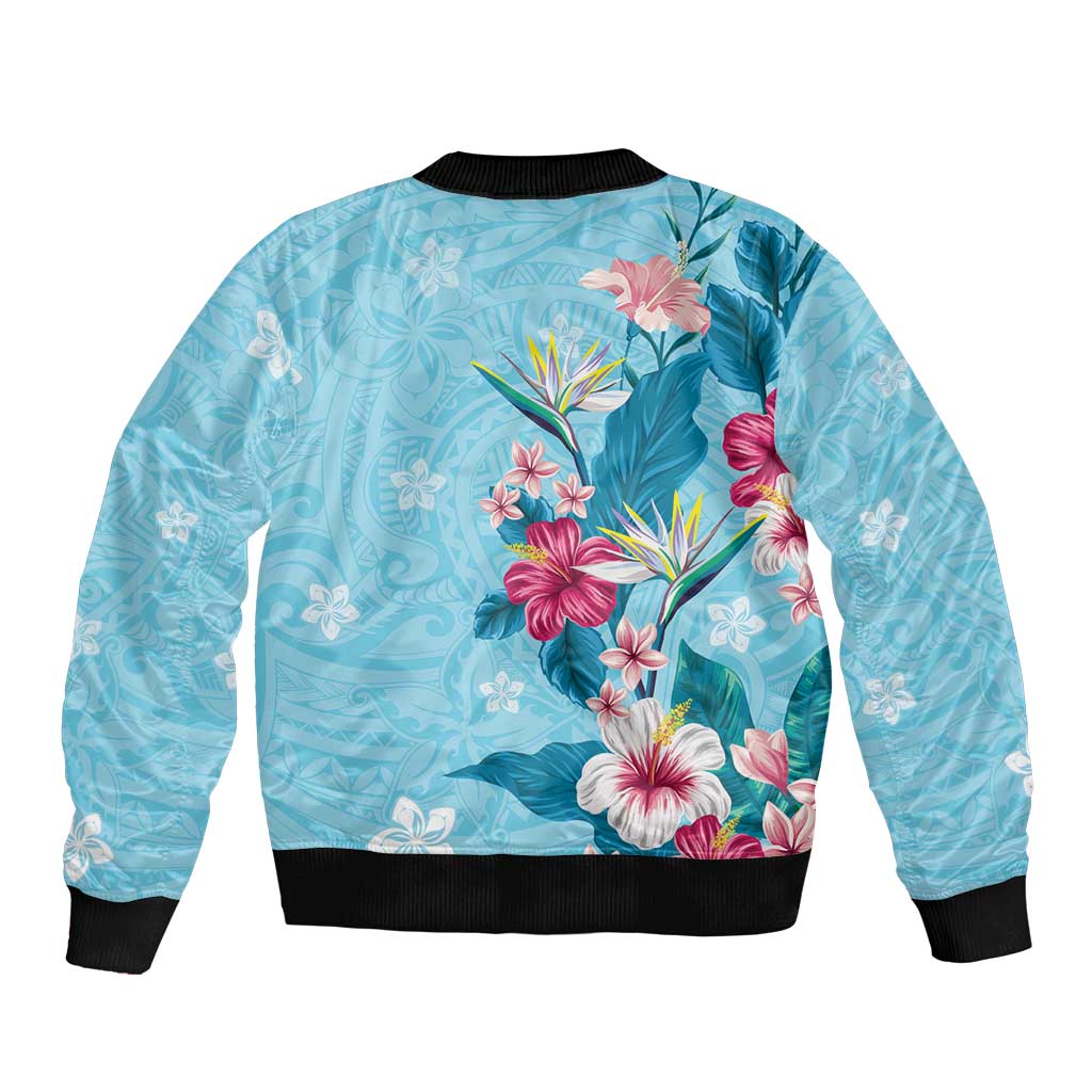 Hawaii Tropical Flowers Sleeve Zip Bomber Jacket Polynesian Tattoo Sky Blue