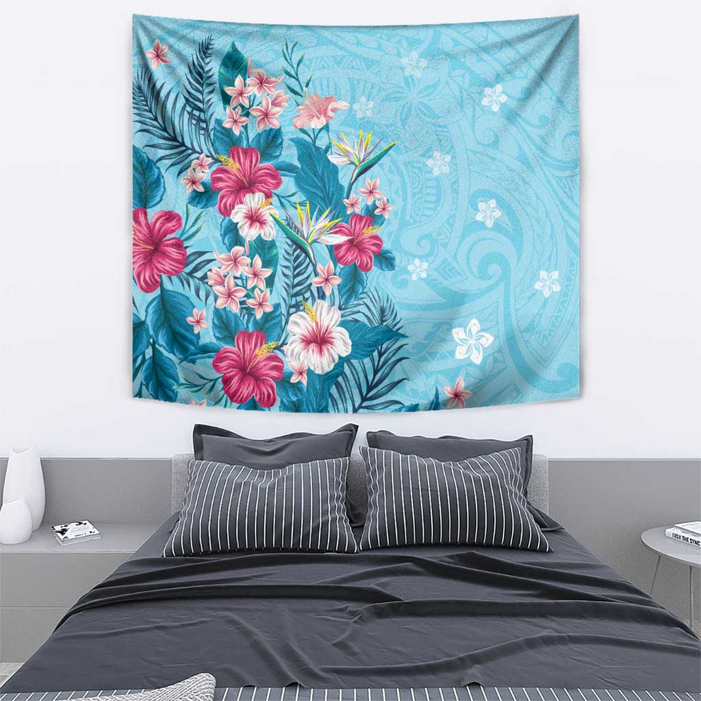 Hawaii Tropical Flowers Tapestry Polynesian Tattoo Sky Blue