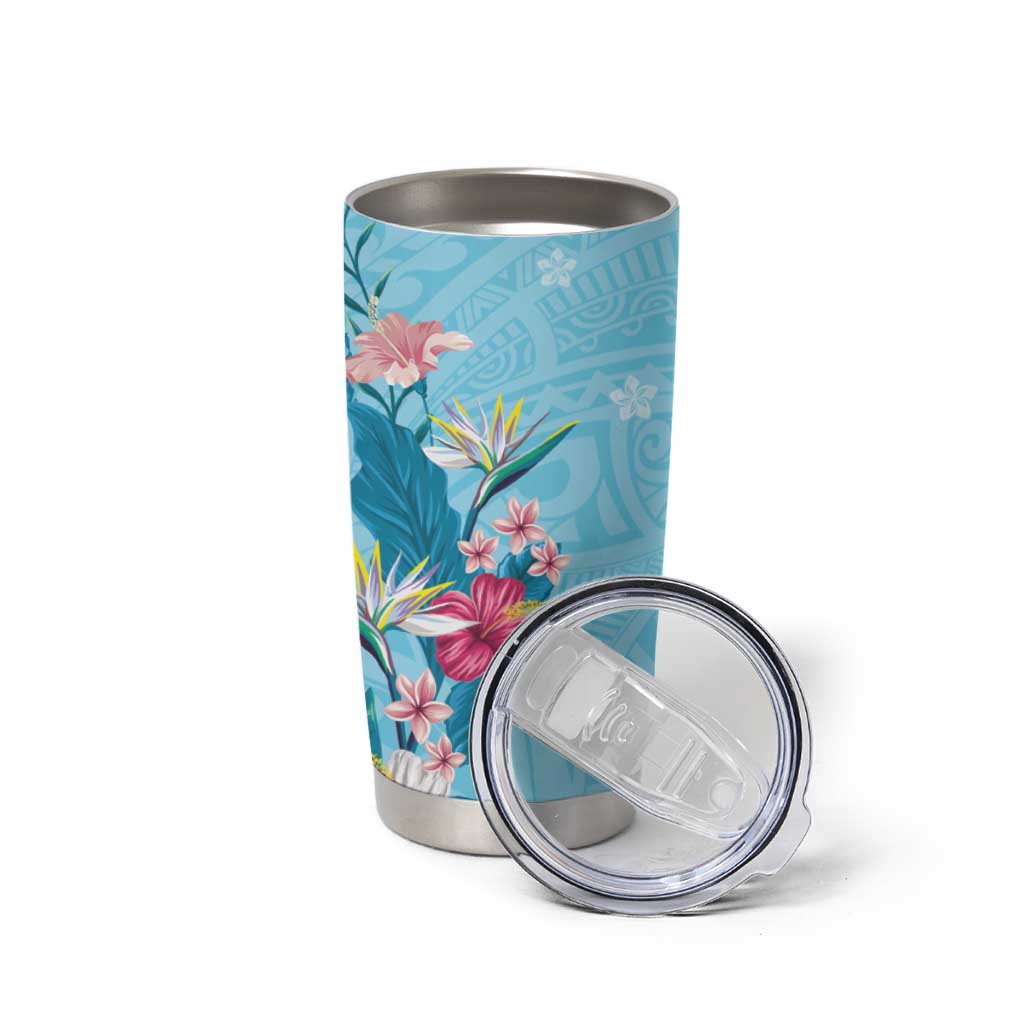 Hawaii Tropical Flowers Tumbler Cup Polynesian Tattoo Sky Blue