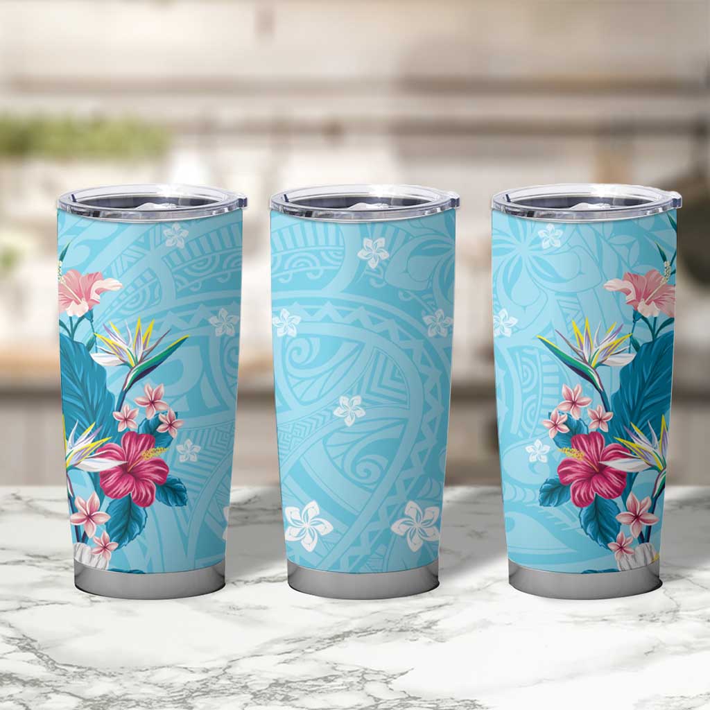 Hawaii Tropical Flowers Tumbler Cup Polynesian Tattoo Sky Blue