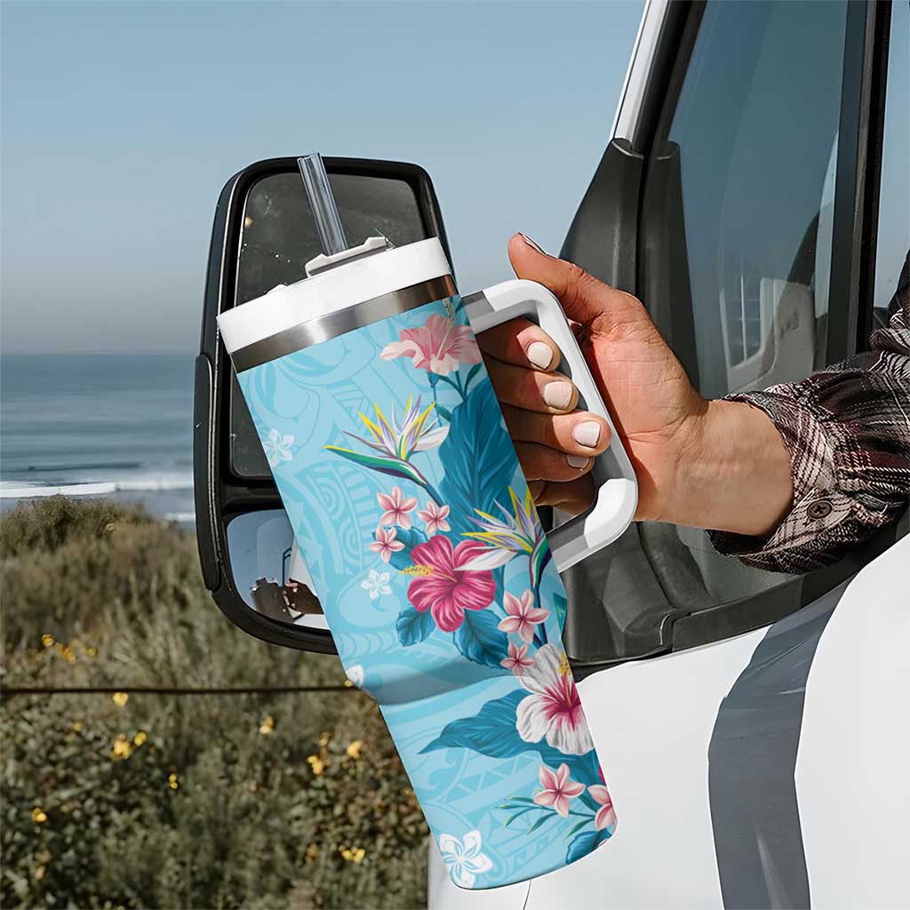 Hawaii Tropical Flowers Tumbler With Handle Polynesian Tattoo Sky Blue