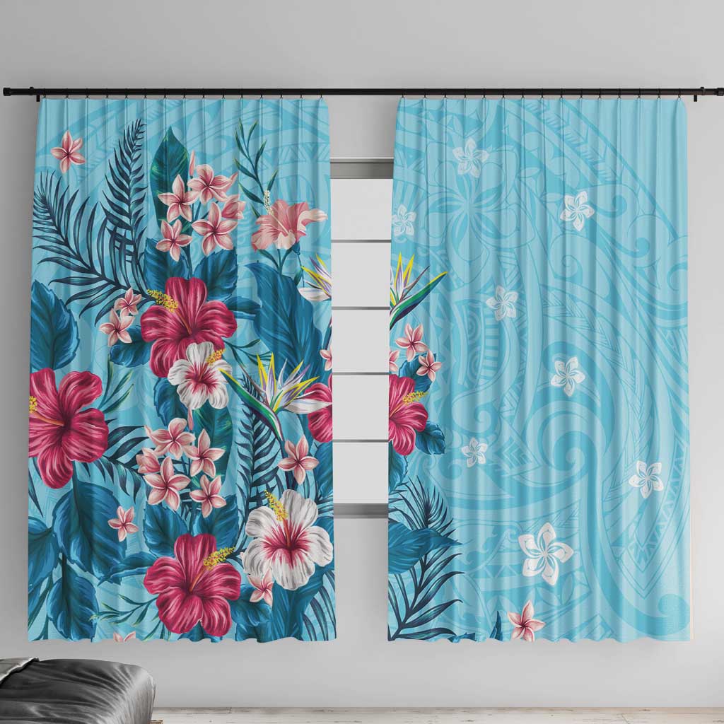 Hawaii Tropical Flowers Window Curtain Polynesian Tattoo Sky Blue