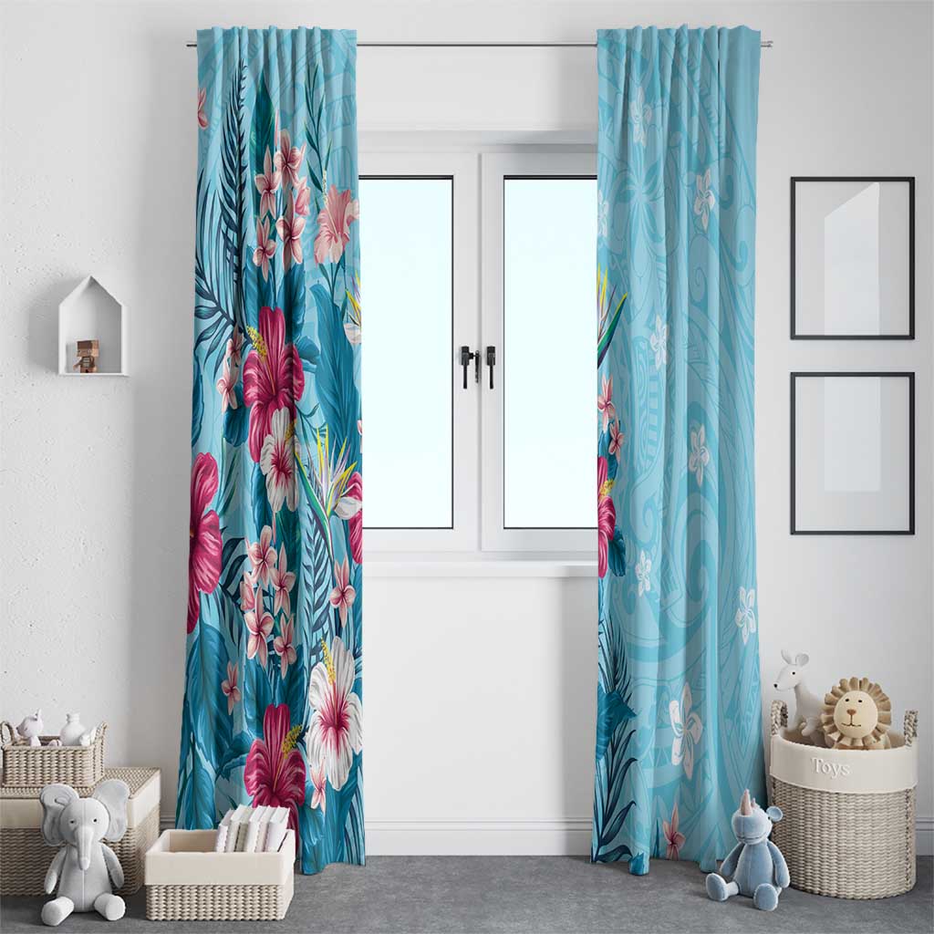 Hawaii Tropical Flowers Window Curtain Polynesian Tattoo Sky Blue