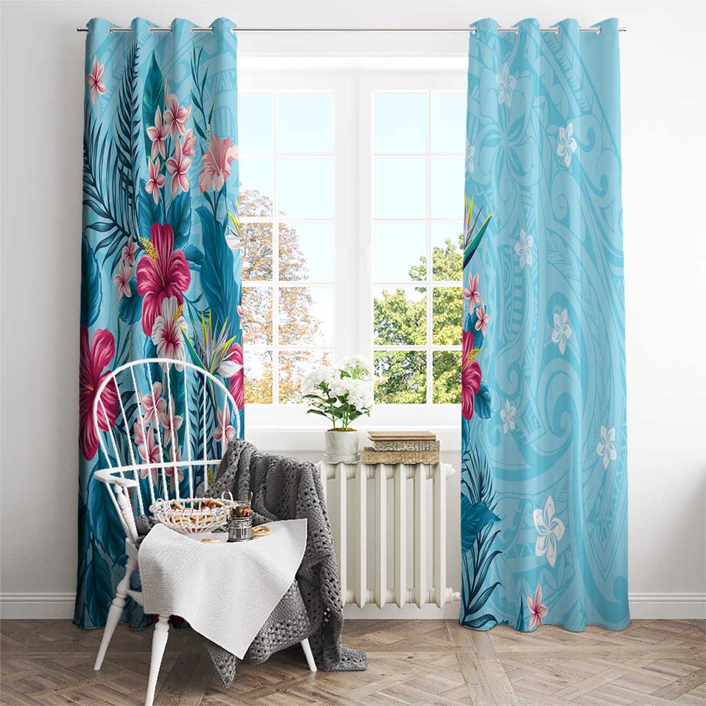 Hawaii Tropical Flowers Window Curtain Polynesian Tattoo Sky Blue