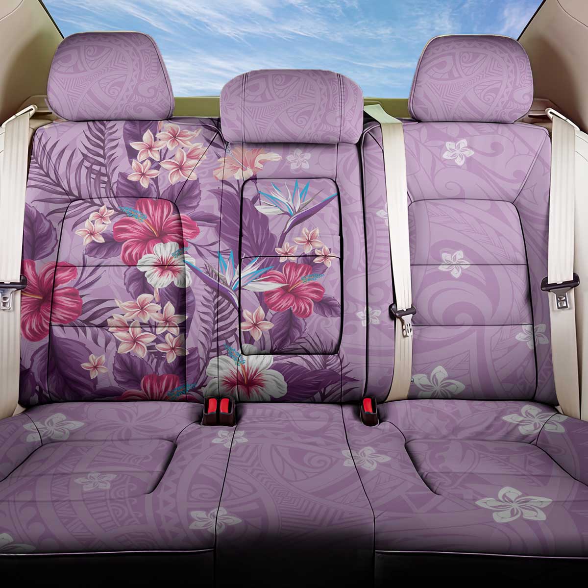 Hawaii Tropical Flowers Back Car Seat Cover Polynesian Tattoo Lavender