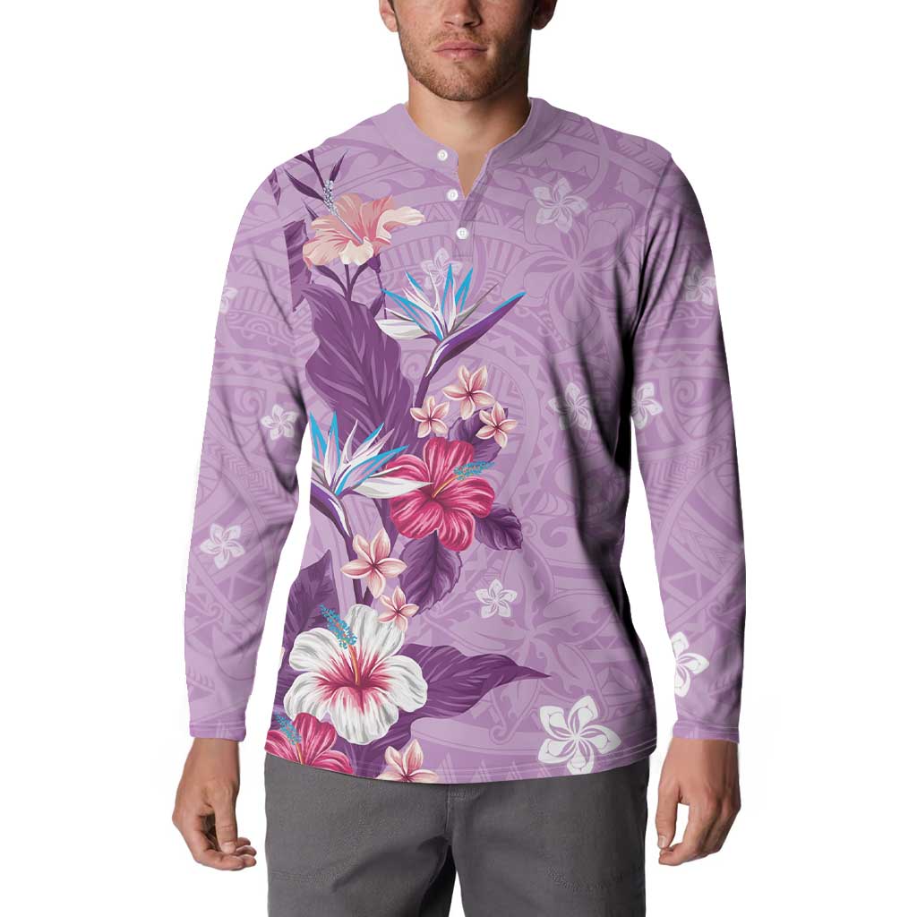 Hawaii Tropical Flowers Button Sweatshirt Polynesian Tattoo Lavender