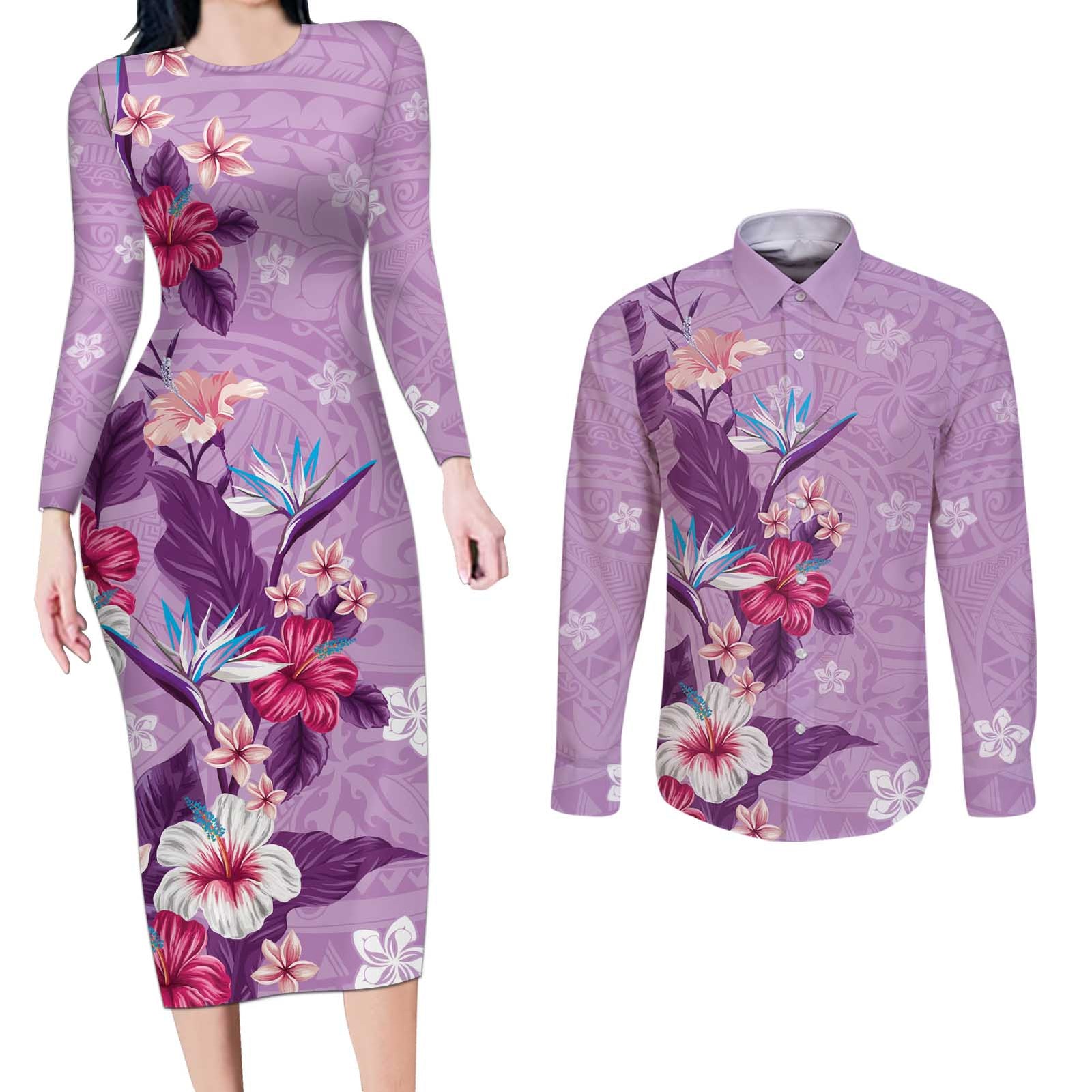 Hawaii Tropical Flowers Couples Matching Long Sleeve Bodycon Dress and Long Sleeve Button Shirt Polynesian Tattoo Lavender