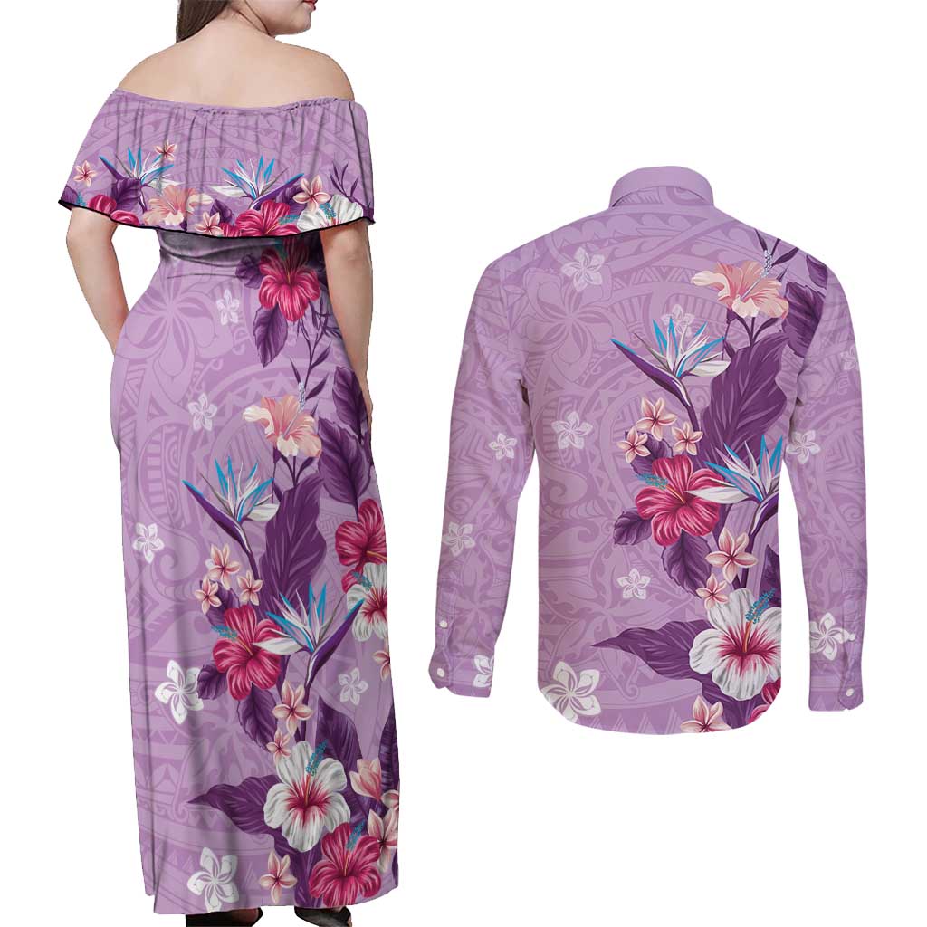 Hawaii Tropical Flowers Couples Matching Off Shoulder Maxi Dress and Long Sleeve Button Shirt Polynesian Tattoo Lavender
