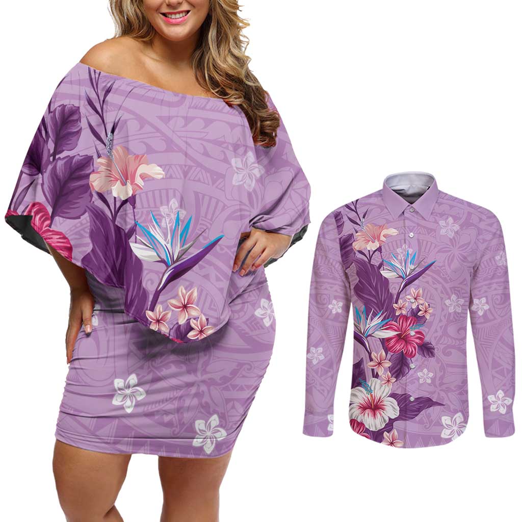 Hawaii Tropical Flowers Couples Matching Off Shoulder Short Dress and Long Sleeve Button Shirt Polynesian Tattoo Lavender