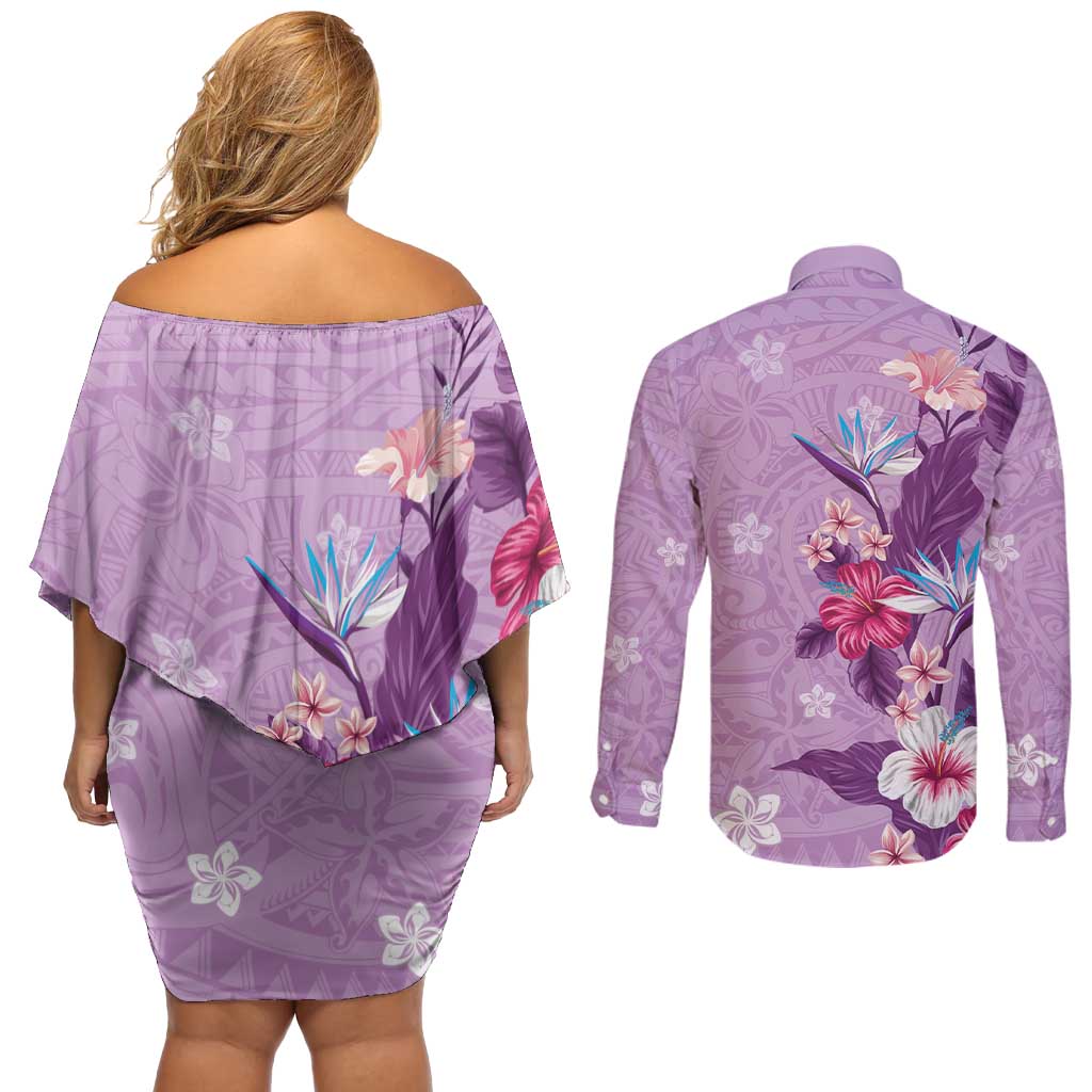 Hawaii Tropical Flowers Couples Matching Off Shoulder Short Dress and Long Sleeve Button Shirt Polynesian Tattoo Lavender