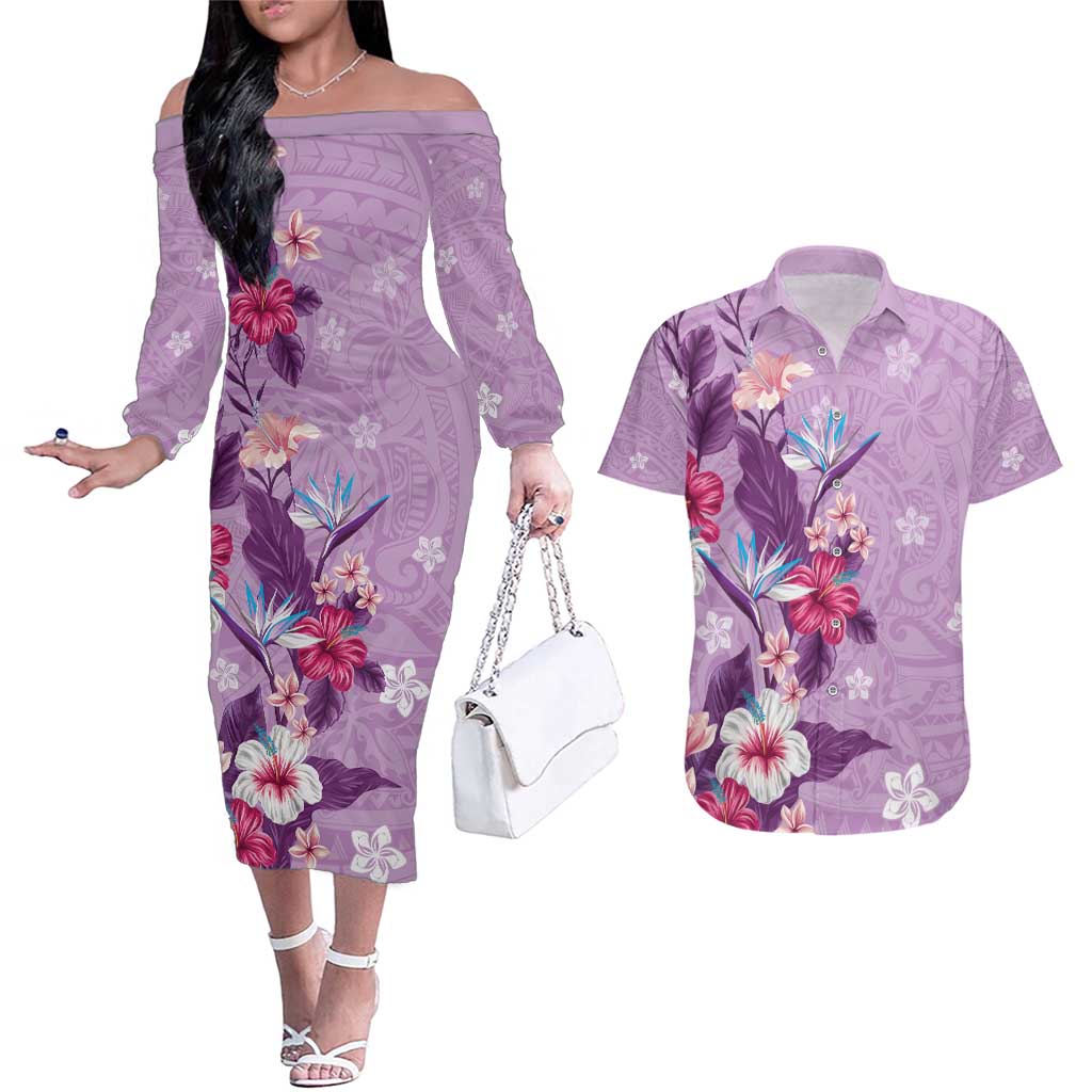 Hawaii Tropical Flowers Couples Matching Off The Shoulder Long Sleeve Dress and Hawaiian Shirt Polynesian Tattoo Lavender