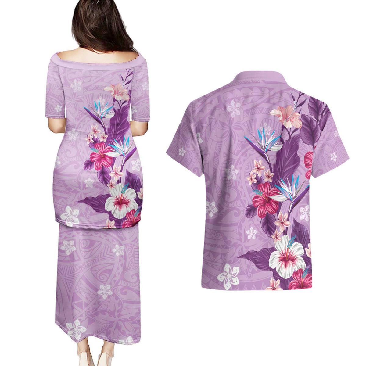 Hawaii Tropical Flowers Couples Matching Puletasi and Hawaiian Shirt Polynesian Tattoo Lavender