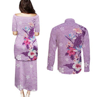 Hawaii Tropical Flowers Couples Matching Puletasi and Long Sleeve Button Shirt Polynesian Tattoo Lavender
