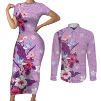 Hawaii Tropical Flowers Couples Matching Short Sleeve Bodycon Dress and Long Sleeve Button Shirt Polynesian Tattoo Lavender