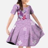 Hawaii Tropical Flowers Family Matching Off The Shoulder Long Sleeve Dress and Hawaiian Shirt Polynesian Tattoo Lavender