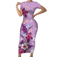 Hawaii Tropical Flowers Family Matching Short Sleeve Bodycon Dress and Hawaiian Shirt Polynesian Tattoo Lavender