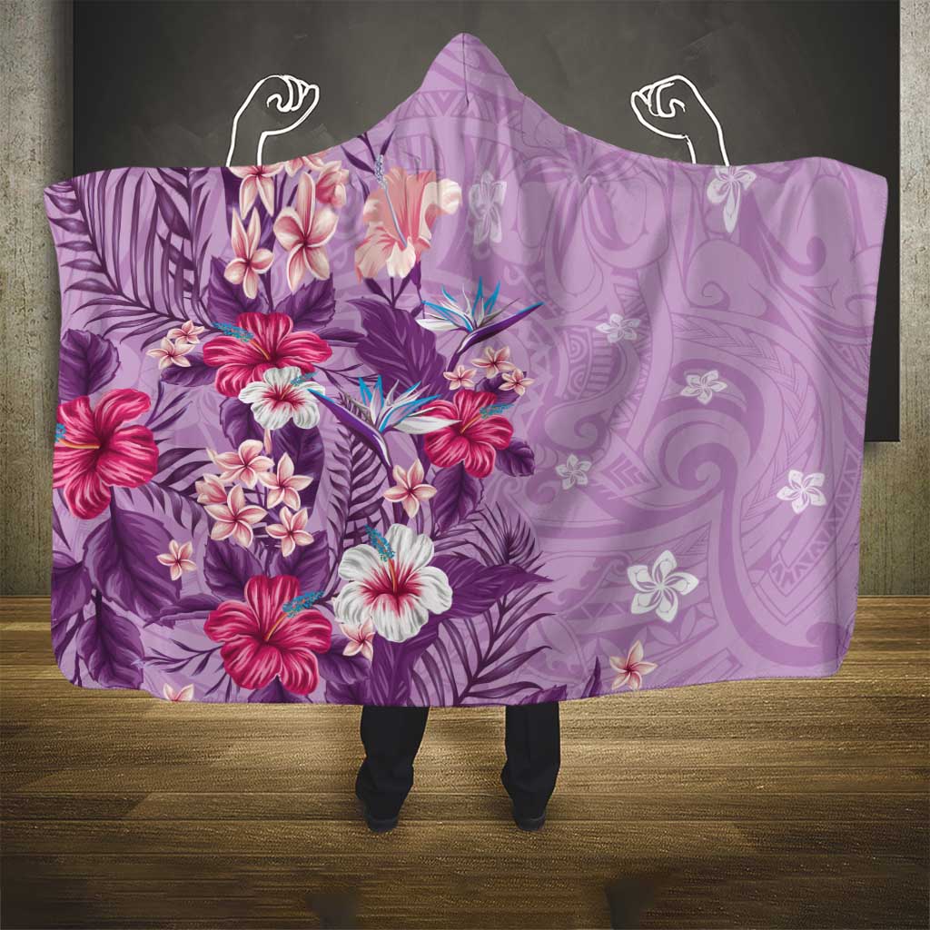 Hawaii Tropical Flowers Hooded Blanket Polynesian Tattoo Lavender