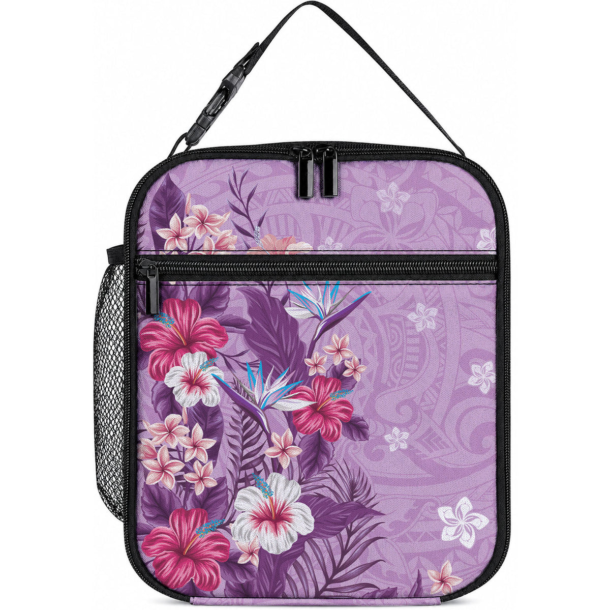 Hawaii Tropical Flowers Lunch Bag Polynesian Tattoo Lavender