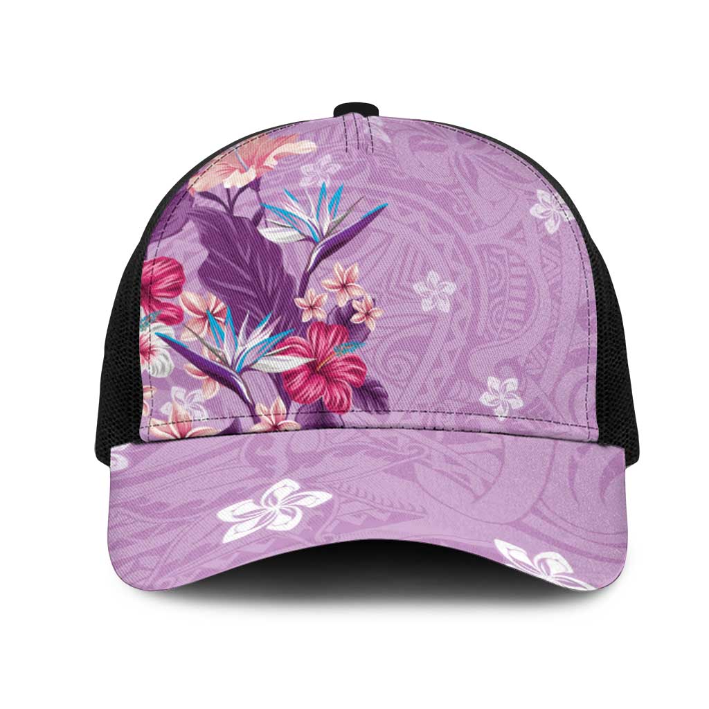 Hawaii Tropical Flowers Mesh Trucker Cap Polynesian Tattoo Lavender