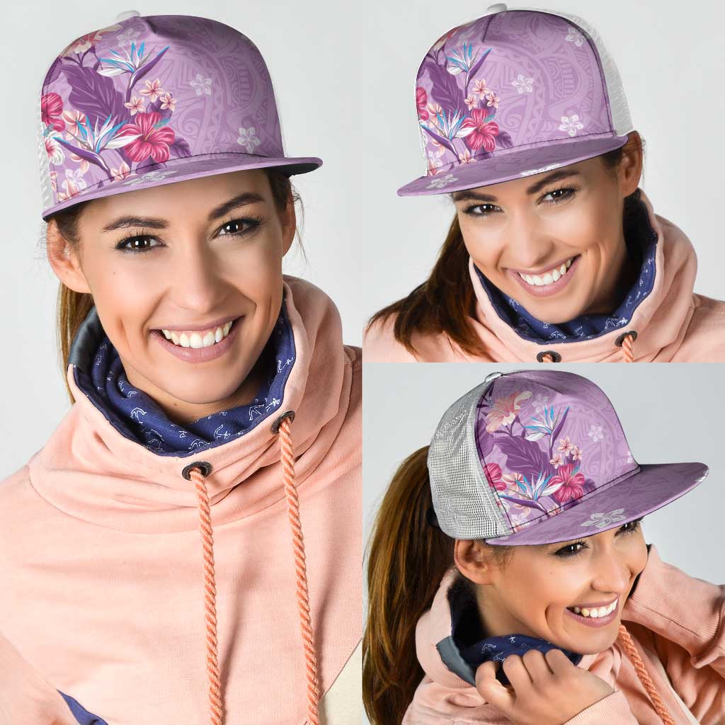 Hawaii Tropical Flowers Mesh Trucker Cap Polynesian Tattoo Lavender