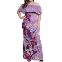 Hawaii Tropical Flowers Off Shoulder Maxi Dress Polynesian Tattoo Lavender