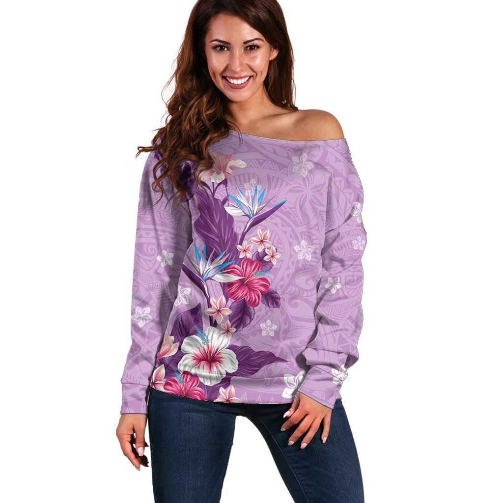 Hawaii Tropical Flowers Off Shoulder Sweater Polynesian Tattoo Lavender