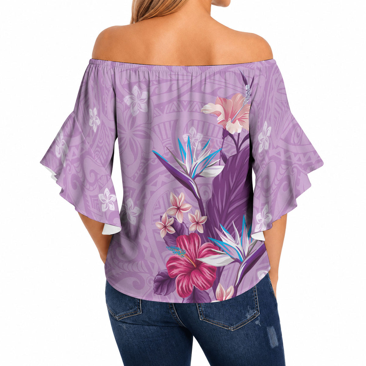 Hawaii Tropical Flowers Off Shoulder Wrap Waist Top Polynesian Tattoo Lavender LT05 - Polynesian Pride